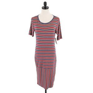 NEW LuLaRoe Julia‎ Gray Red Striped Bodycon Dress Medium Short Sleeve Scoop Neck